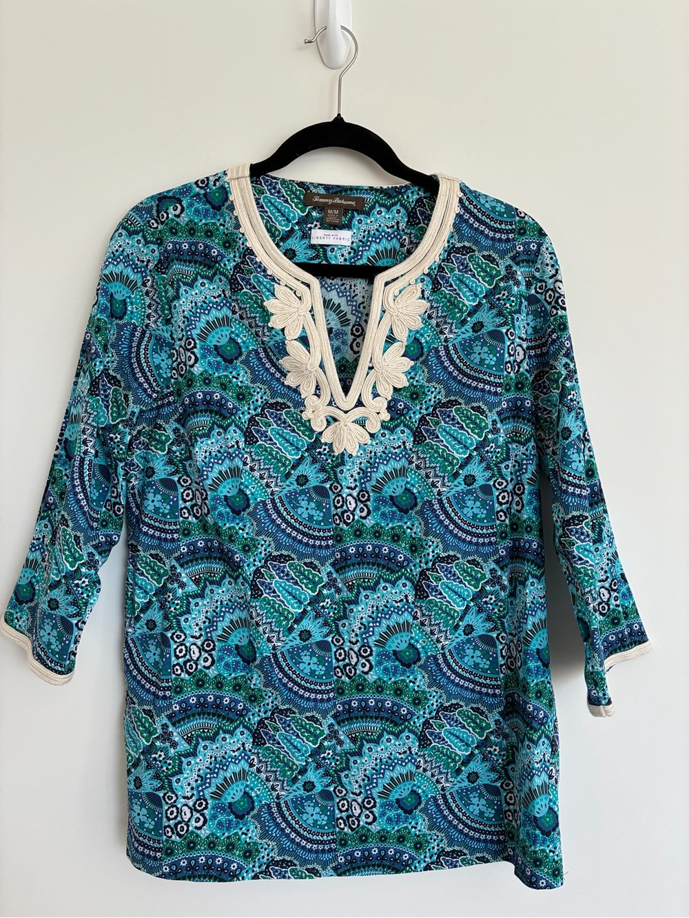 Tommy Bahama Teal Floral Paisley Embroidered Neck Tunic Liberty Fabric M